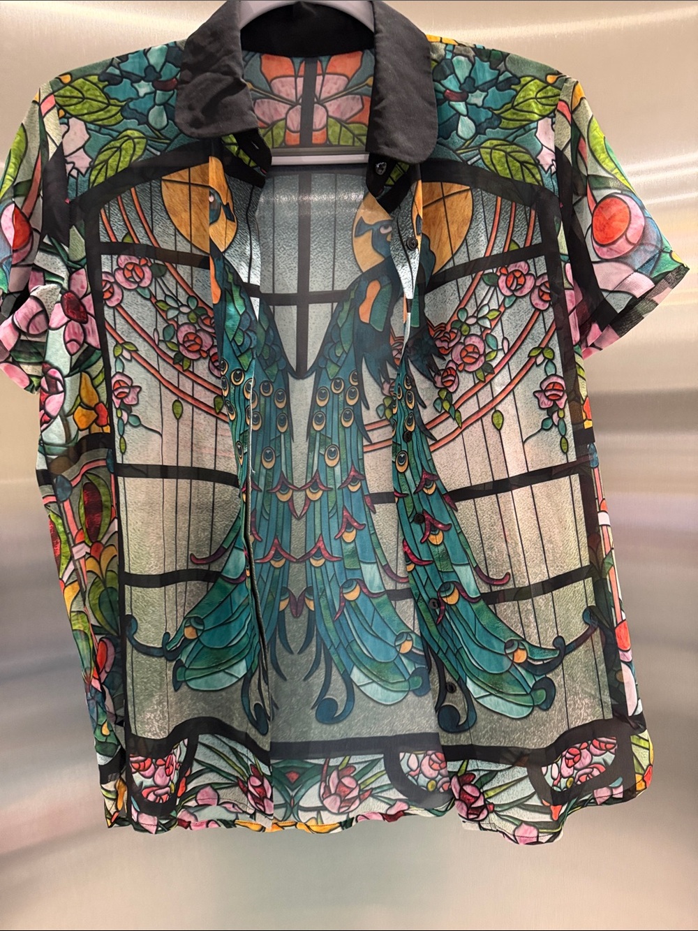 Blackmilk Glass Garden Peacock/Stained Glass Print Button-Up Blouse